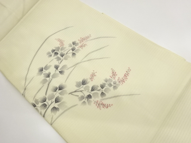 絽塩瀬　銀彩手描き花葉模様名古屋帯